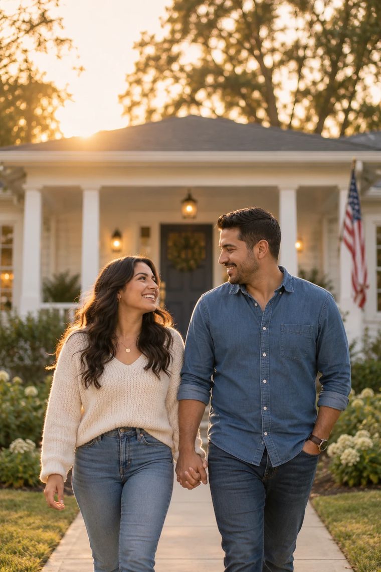 Pareja sonriente caminando de la mano frente a una casa al atardecer